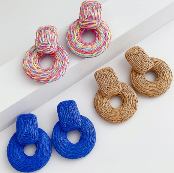 Chunky Dark Pink Rattan Earrings Wicker Door Knocker Bold Statement Raffia New - Picture 6 of 8